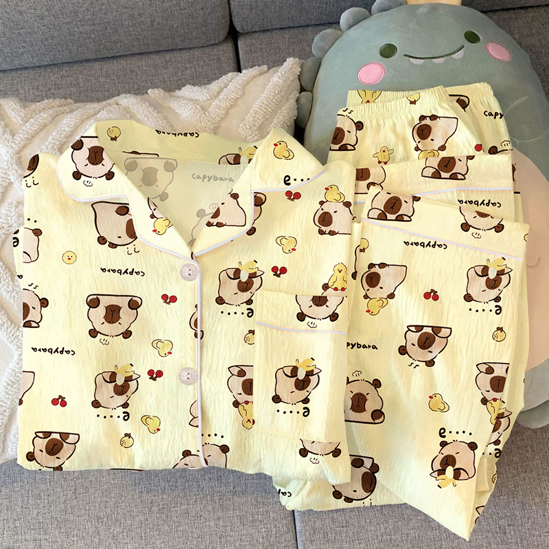 卡通休闲网红ins睡衣女卡皮巴拉可爱萌趣长袖长裤家居服两件套装