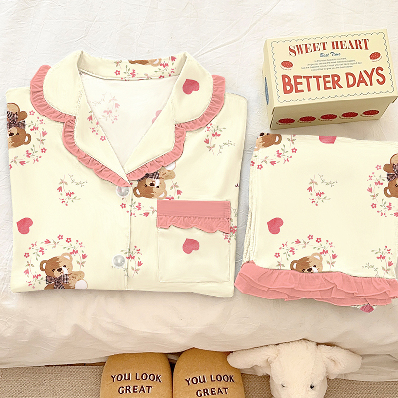 春秋新款甜美小熊睡衣女ins风韩版荷叶边长袖长裤卡通家居服套装