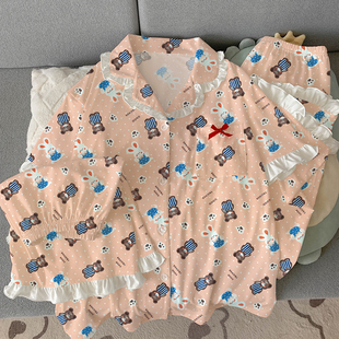 新款 三件套甜美清新家居服可外穿 夏季 仿棉花边睡衣女卡通可爱短袖