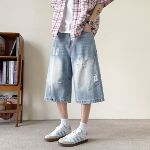 破洞牛仔短裤男孩夏季薄款青少年学生阔腿直筒裤大童男装七分裤子
