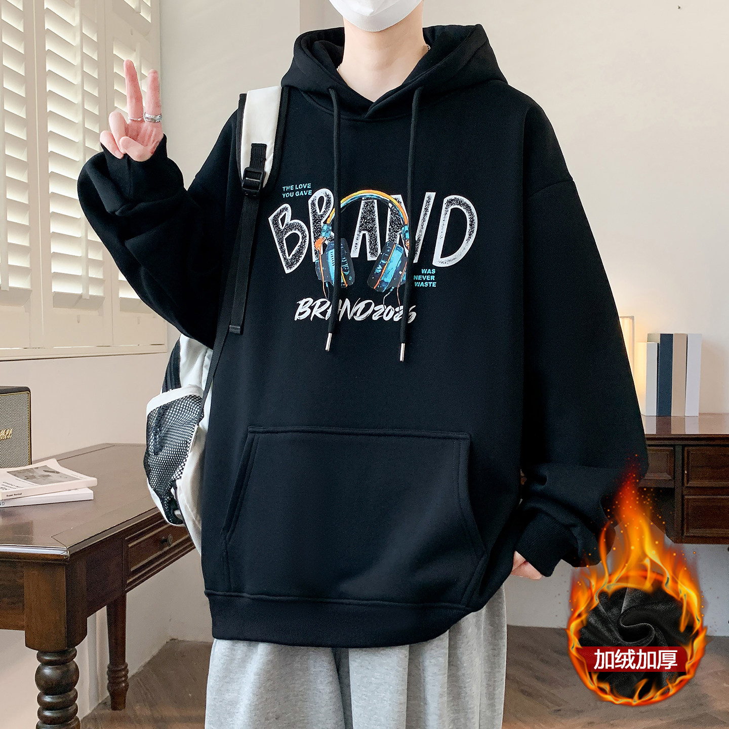 秋冬装青少年加绒加厚卫衣男孩初中学生保暖外套大童潮流帅气上衣