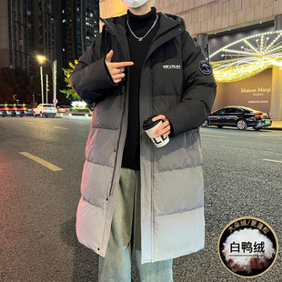青少年冬季潮牌中长款羽绒服男孩高中初中学生大童加厚白鸭绒外套