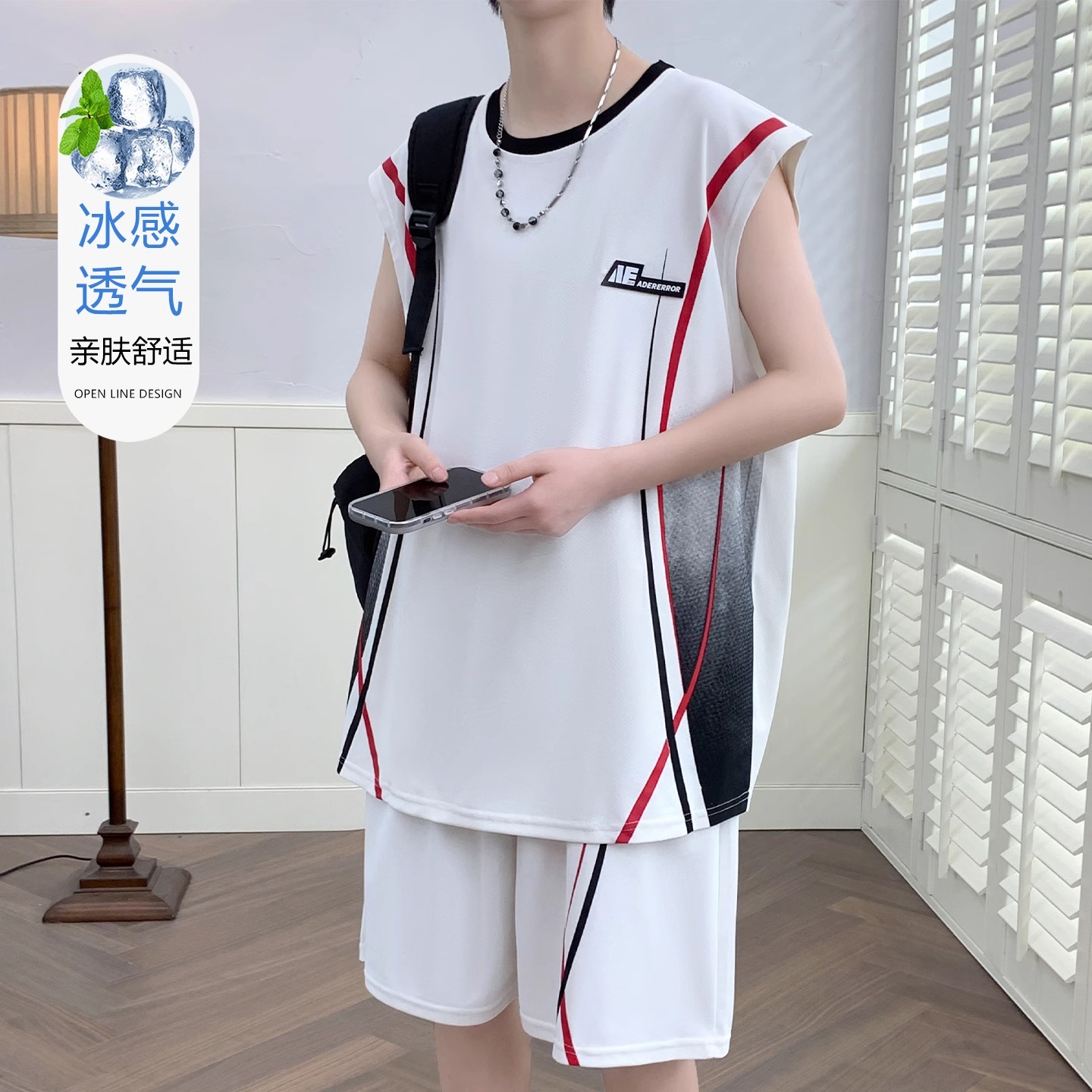 夏季无袖t恤男孩12-15岁初中学生背心运动套装13大童冰丝篮球衣服