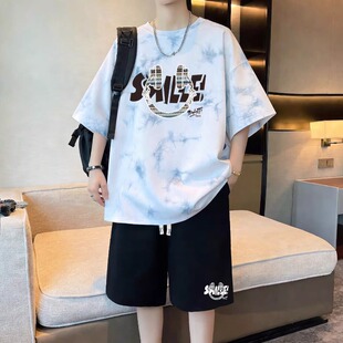 青少年夏装纯棉半袖t恤男孩初中高中学生大童帅气短袖运动服套装