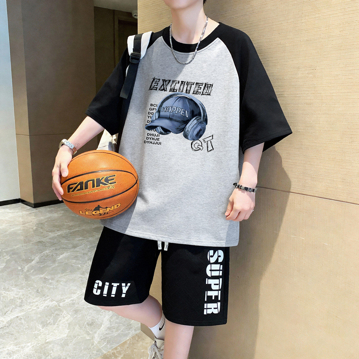 夏季纯棉t恤男孩高初中学生短袖短裤青少年大童休闲运动两件套装