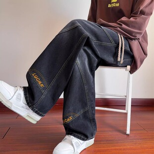 春秋款牛仔裤男初中高中学生直筒阔腿长裤青少年帅气大童宽松裤子