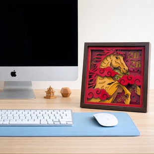 2026金马送福马年立体纸雕画马匹装饰画实木有框简约现代书房挂画