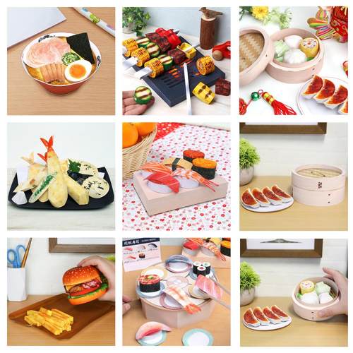 手工diy食物日式拉面汉堡饺子旋转寿司儿童亲子制作立体折纸模型