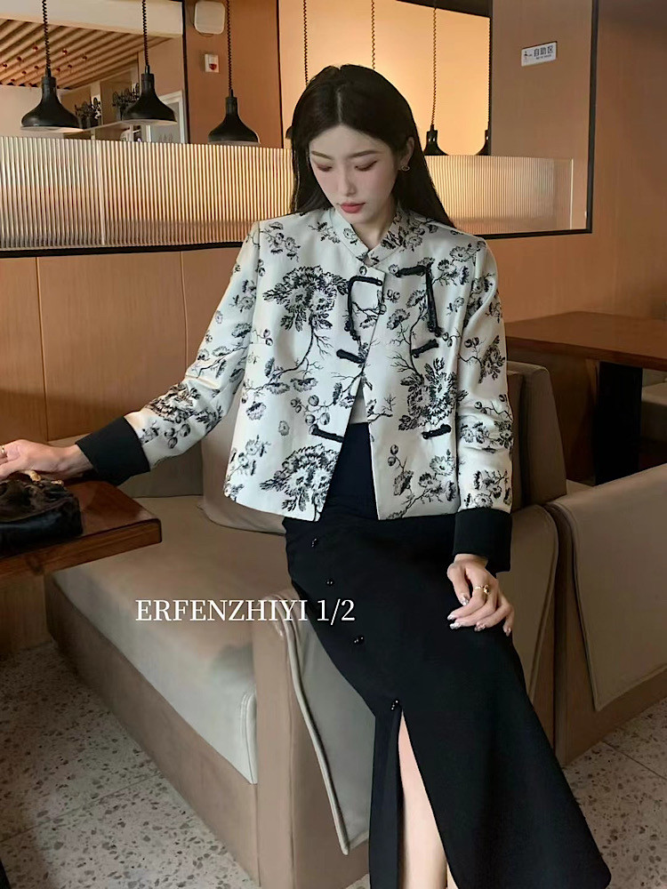 中式国风水墨画两件套装8002复古提花盘扣短外套半身裙女2025春季