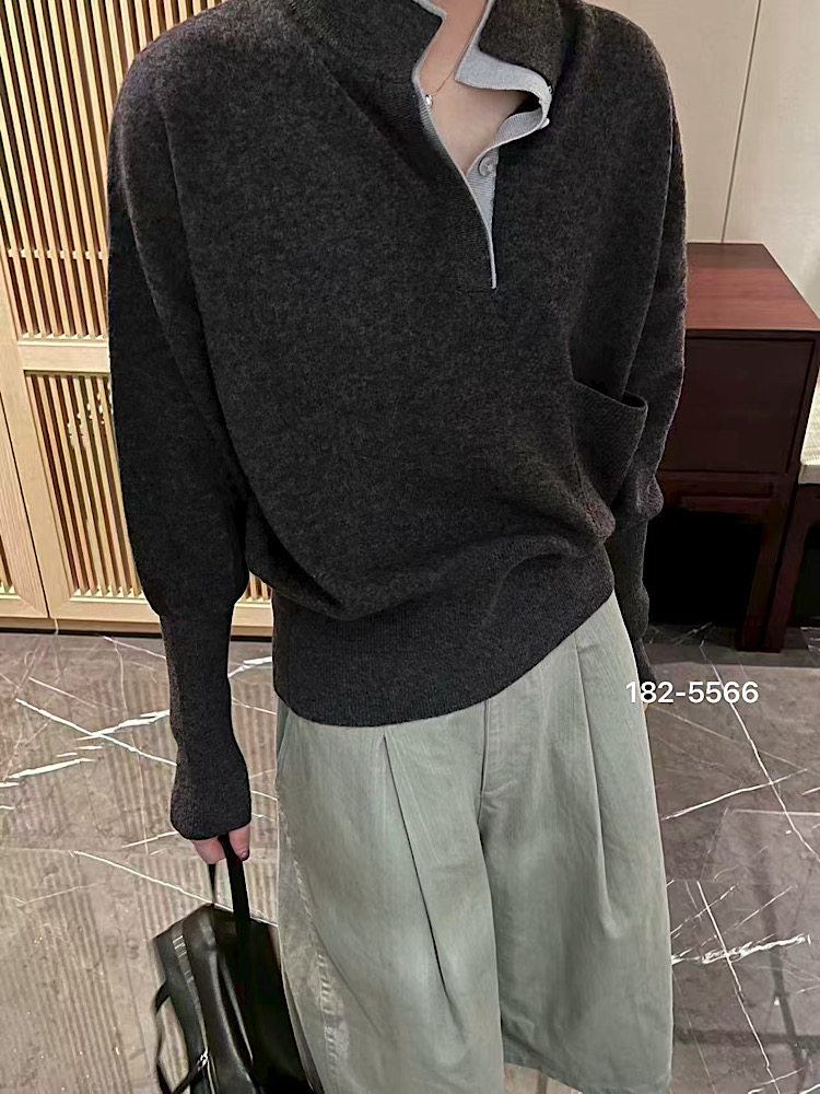 韩系高领纽扣细羊毛衣针织衫女宽松个性设计感百搭显瘦秋季新5566