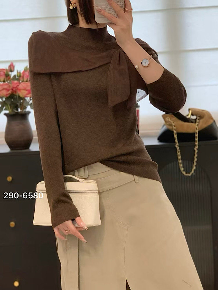 韩系高级细羊毛衣女修身设计感蝴蝶结纱网针织衫打底衫秋季新6580