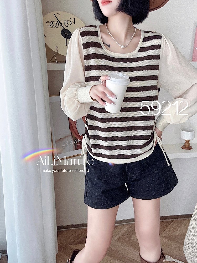 韩版薄款超细羊毛衣9212雪纺长袖抽绳假两件条纹修身显瘦2025春季