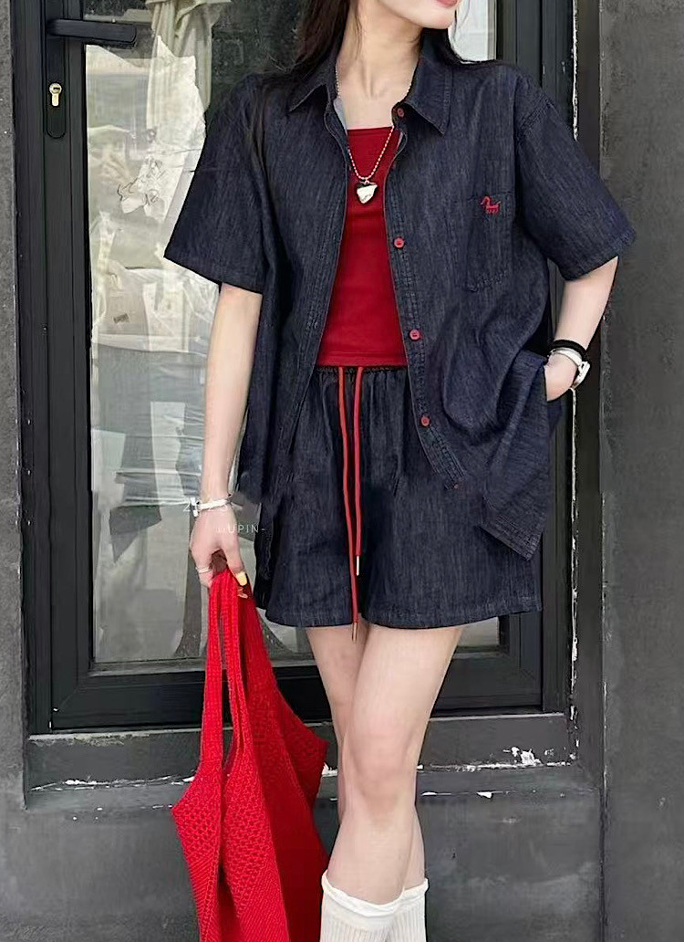 高级薄款牛仔棉三件套装2653小吊带衬衫短裤小个子女宽松2025夏季