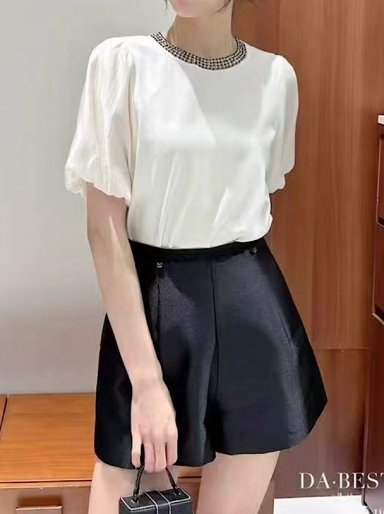 重工串珠圆领纯棉短袖T恤8372泡泡袖设计感小个子女修身2025夏季