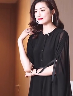 欧货羊毛袖套连衣裙8807名媛高级百褶雪纺肩带宽松大码女2024秋冬