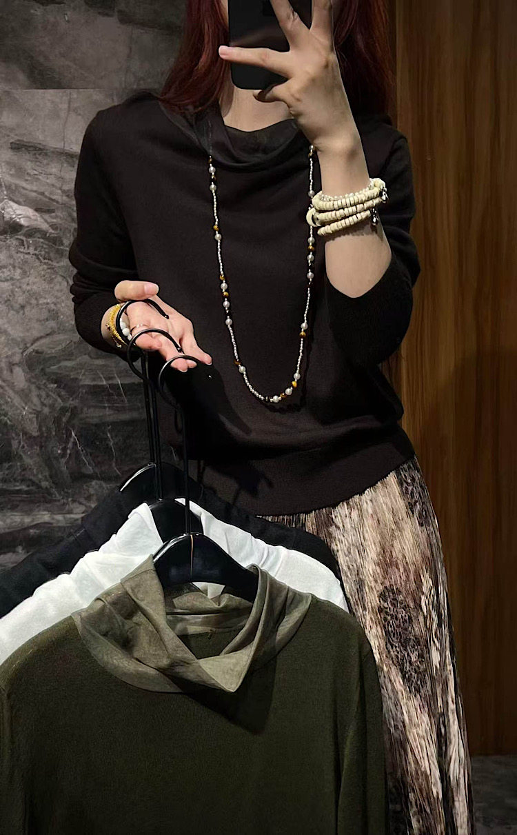 韩系高级柔软细羊毛衣女洋气设计感网纱堆堆领针织衫秋季新款2033