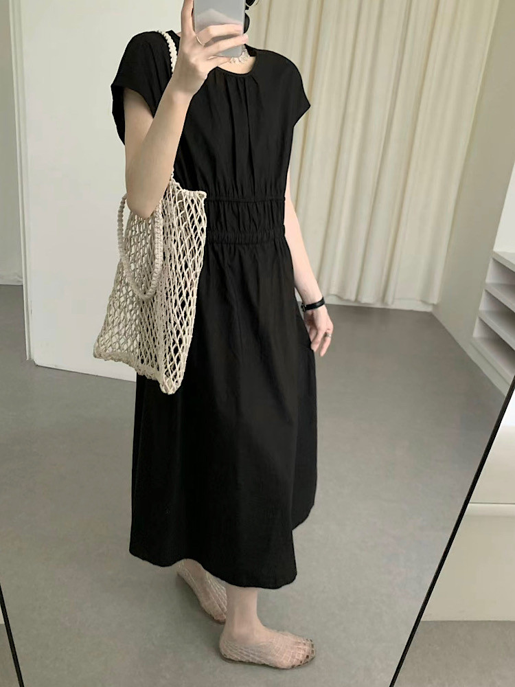 高级百褶宽松大码薄棉短袖连衣裙2730简约休闲显瘦修身女2025夏季
