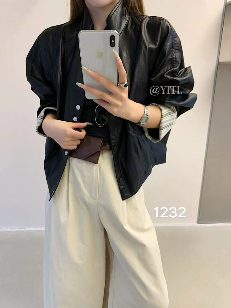 韩系高级柔软PU皮衣女短款宽松机车服长袖外套条纹秋季新款1232