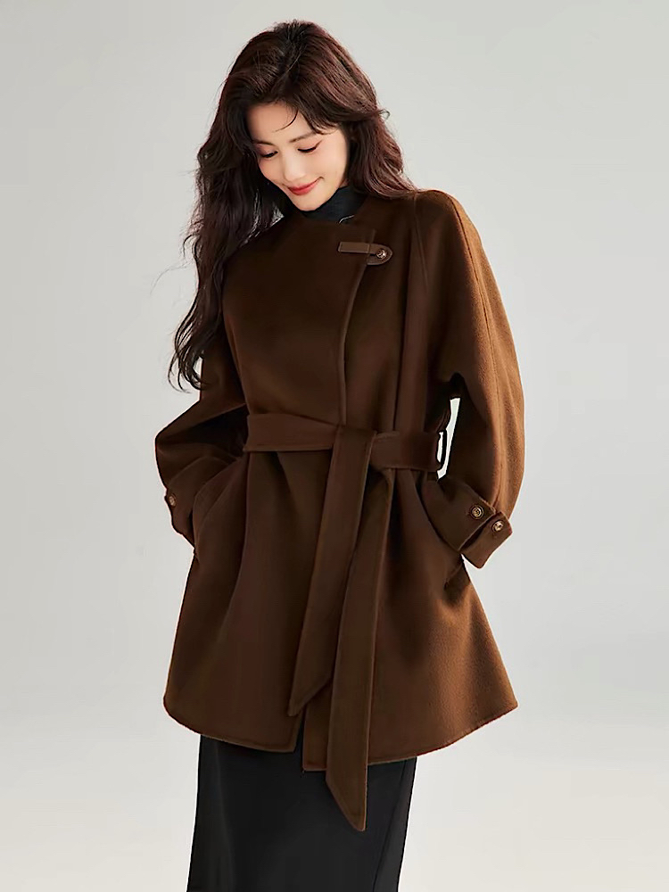 高品质双面羊绒大衣中长款女4027设计师修身系带毛呢外套2024冬季