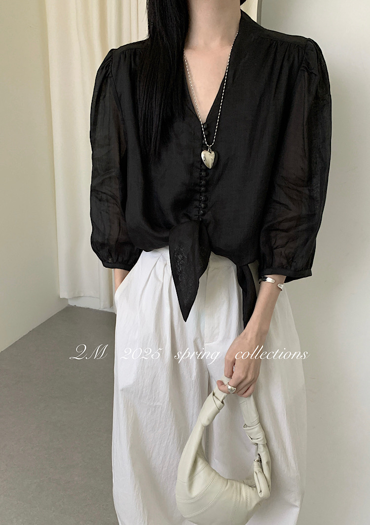 高级薄款微透纯苎麻七分袖衬衫七蜜2585设计感气质女宽松2025夏季
