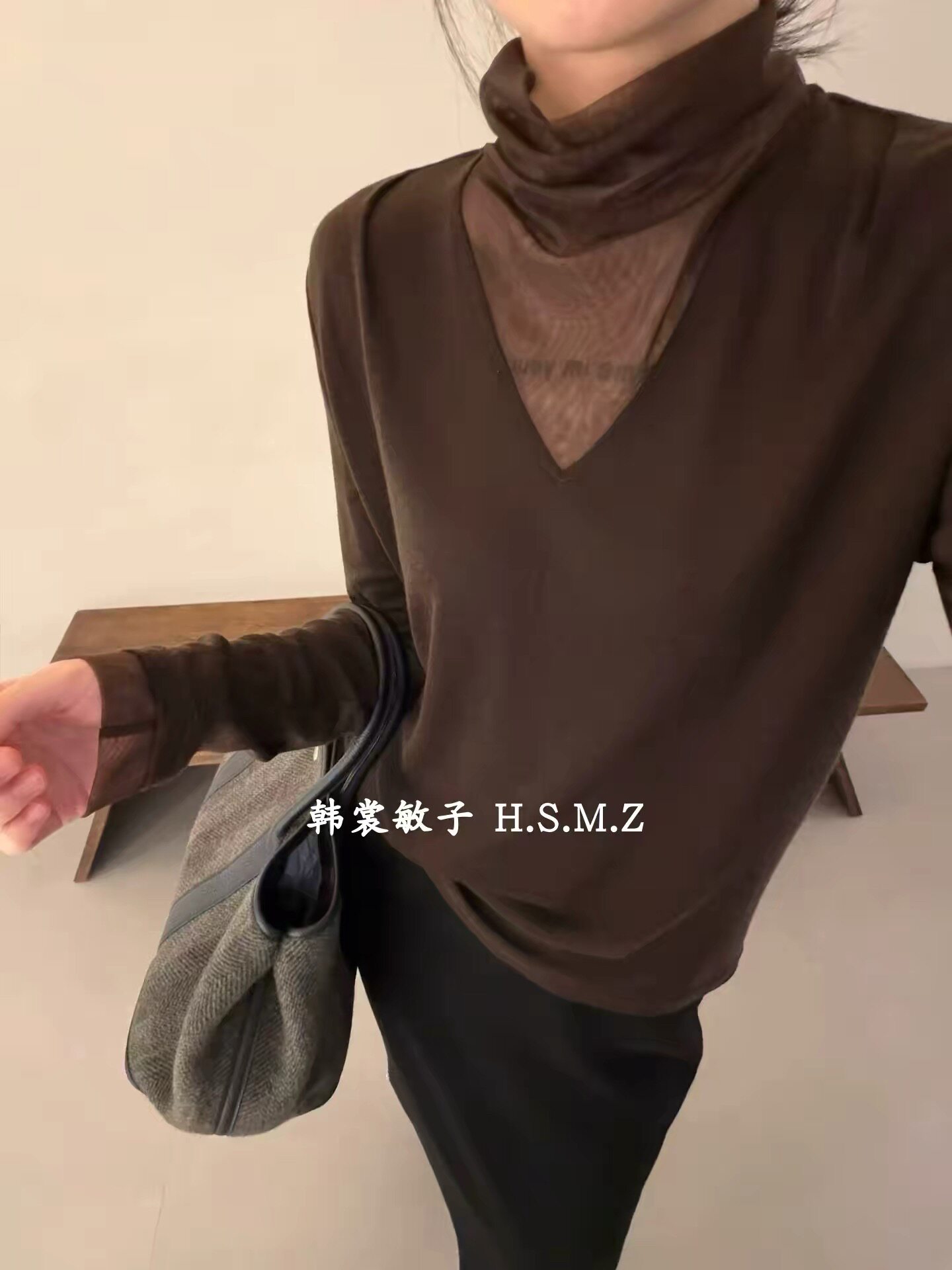 韩系高级柔软薄款细羊毛衣女宽松网纱领口设计感打底衫秋季新2833