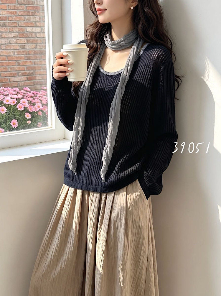 韩系高级薄款亚麻绵羊毛长袖毛衣女镂空宽松显瘦围巾秋季新款9051