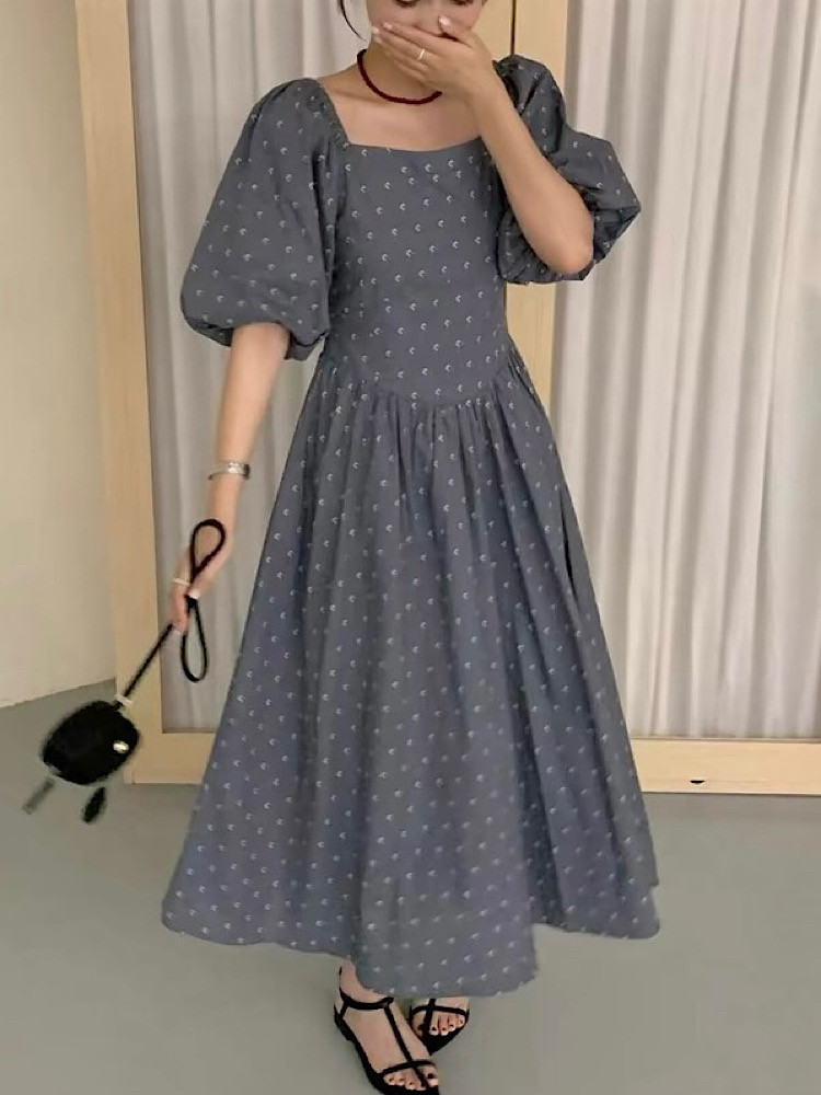 韩版碎花薄款修身百褶纯棉连衣裙7087泡泡袖度假小个子女2025夏季