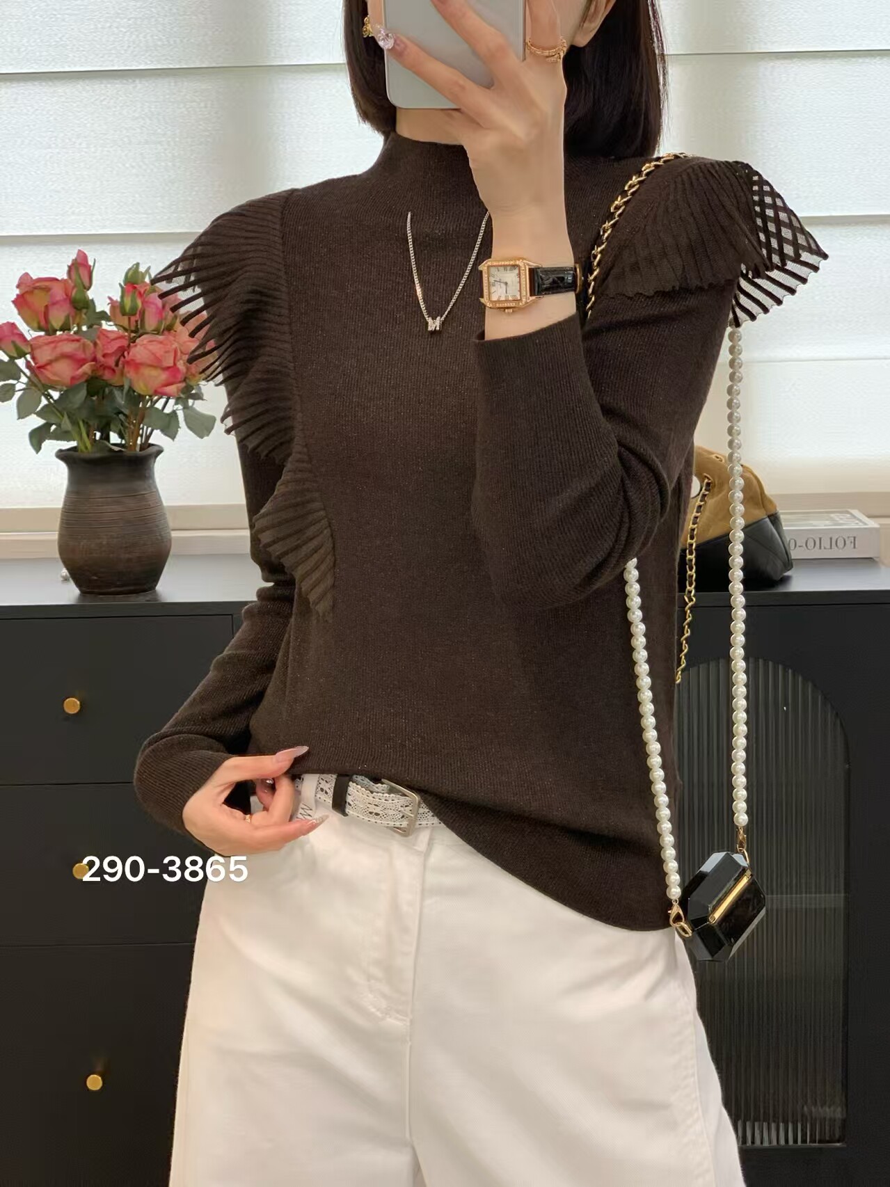 高级柔软亮丝细羊毛衣女修身打底衫荷叶花边拼接设计秋季新款3865