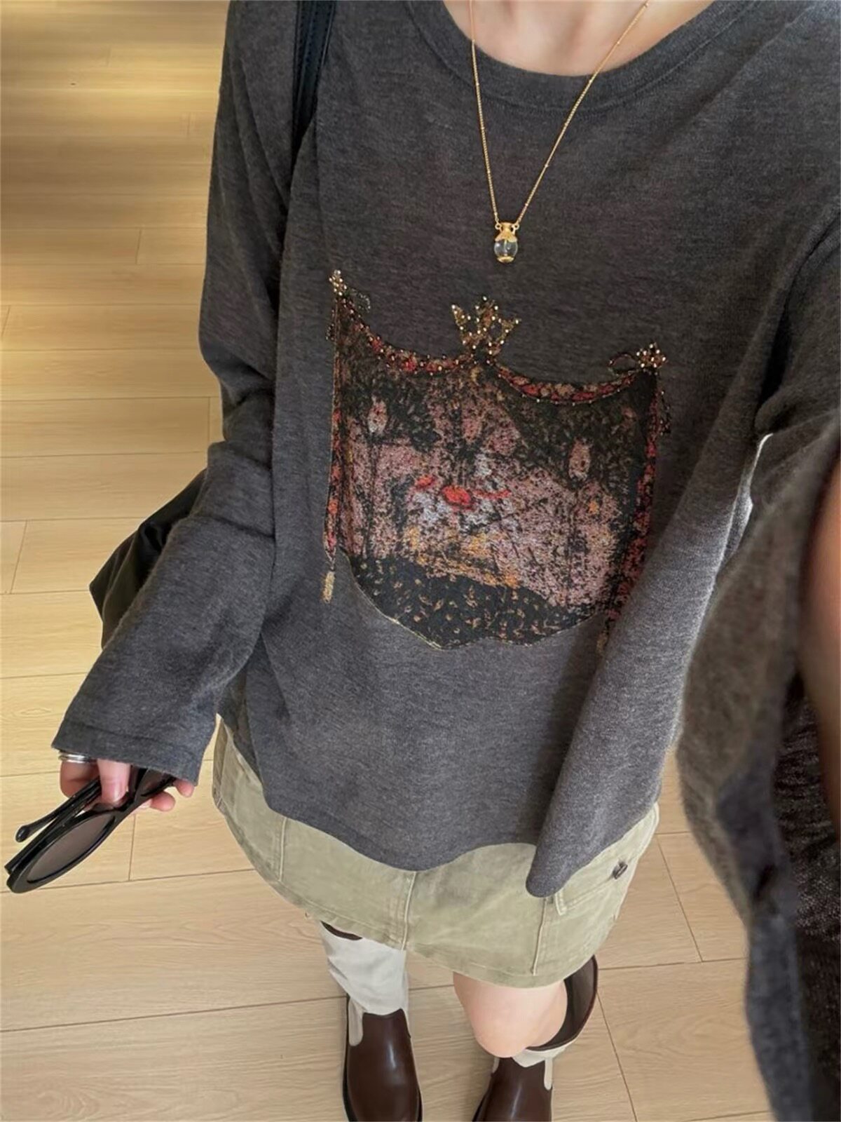 韩系薄款软糯细羊毛衣女宽松休闲复古印花针织衫圆领秋季新款1197