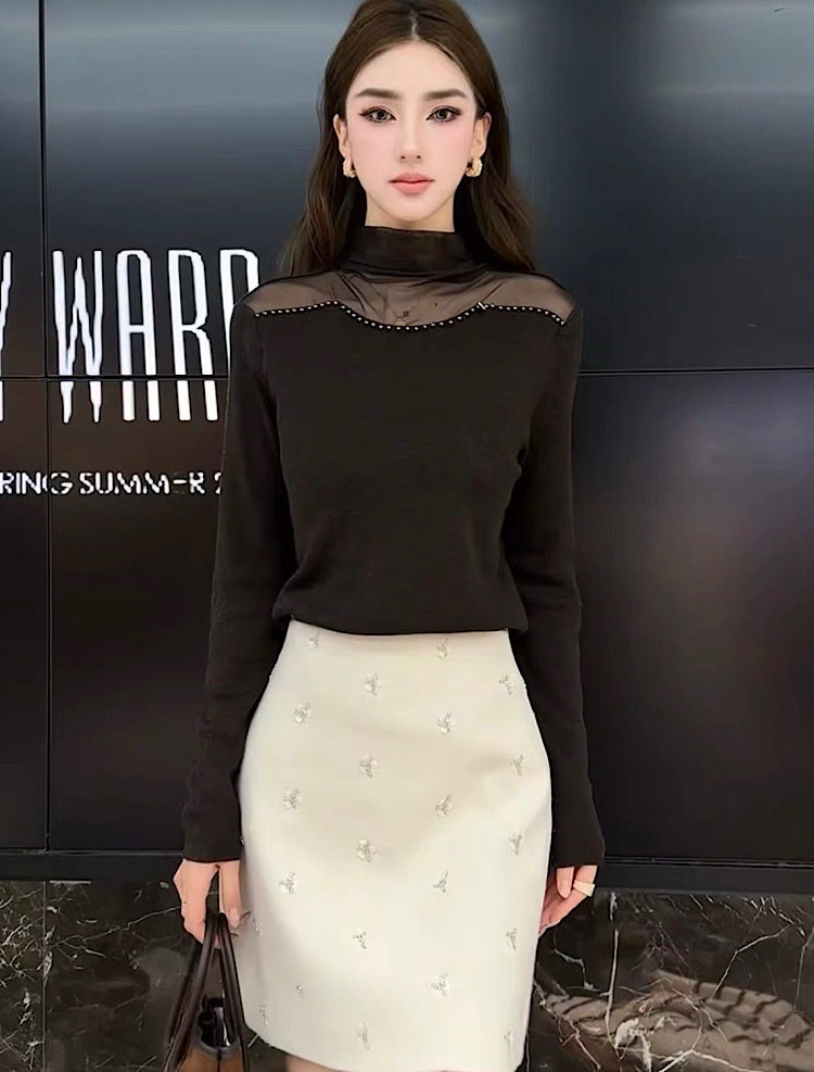 韩系洋气露肩网纱钉珠细羊毛衣女修身打底针织衫名媛风秋冬新3258