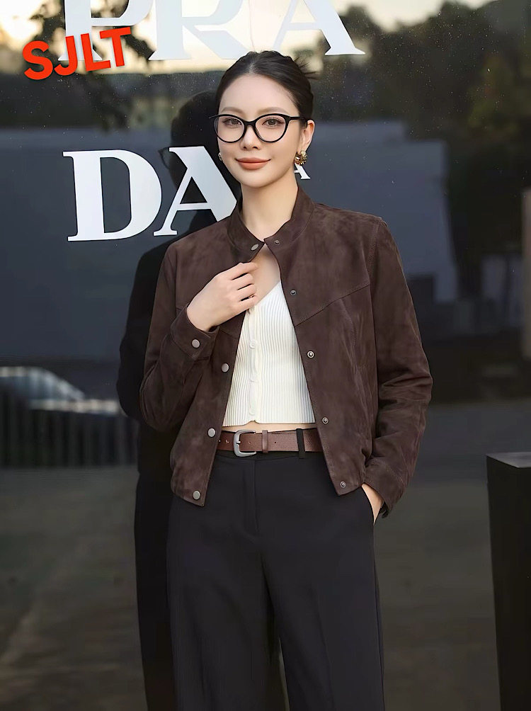 韩系高级麂皮绒长袖外套女宽松羊皮绒单排扣短款夹克秋季新款6637