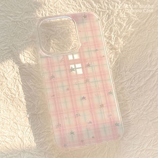 琉砂甜美适用苹果16手机壳iphone17promax硬13粉格纹星星1411