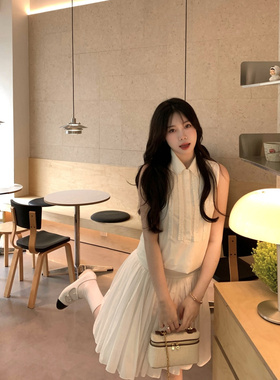 BOOMLIMIT 花边压褶半开领木耳边休闲松紧调节纯棉无袖衬衫背心