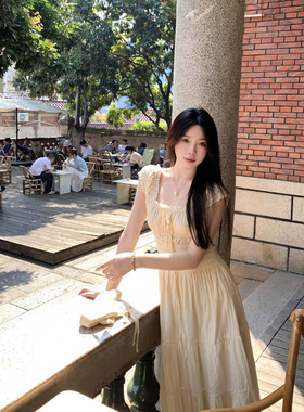 BOOMLIMIT UO同款方领慵懒褶皱小个子收腰显瘦夏季纯棉新款连衣裙