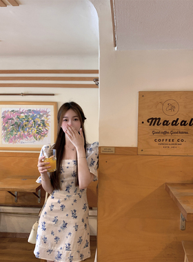 BOOMLIMIT 秀智同款 法式方领蕾丝蝴蝶结花边短袖亚麻连衣裙