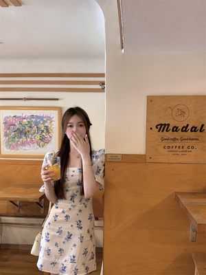 BOOMLIMIT 秀智同款 法式方领蕾丝蝴蝶结花边短袖亚麻连衣裙