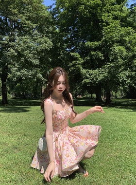BOOMLIMIT Natassia粉色碎花精致可爱甜美夏季新款度假吊带连衣裙