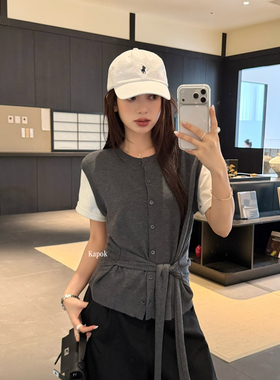 KAPOK-26年早春圆领设计感拼接假两件短袖针织上衣针织开衫