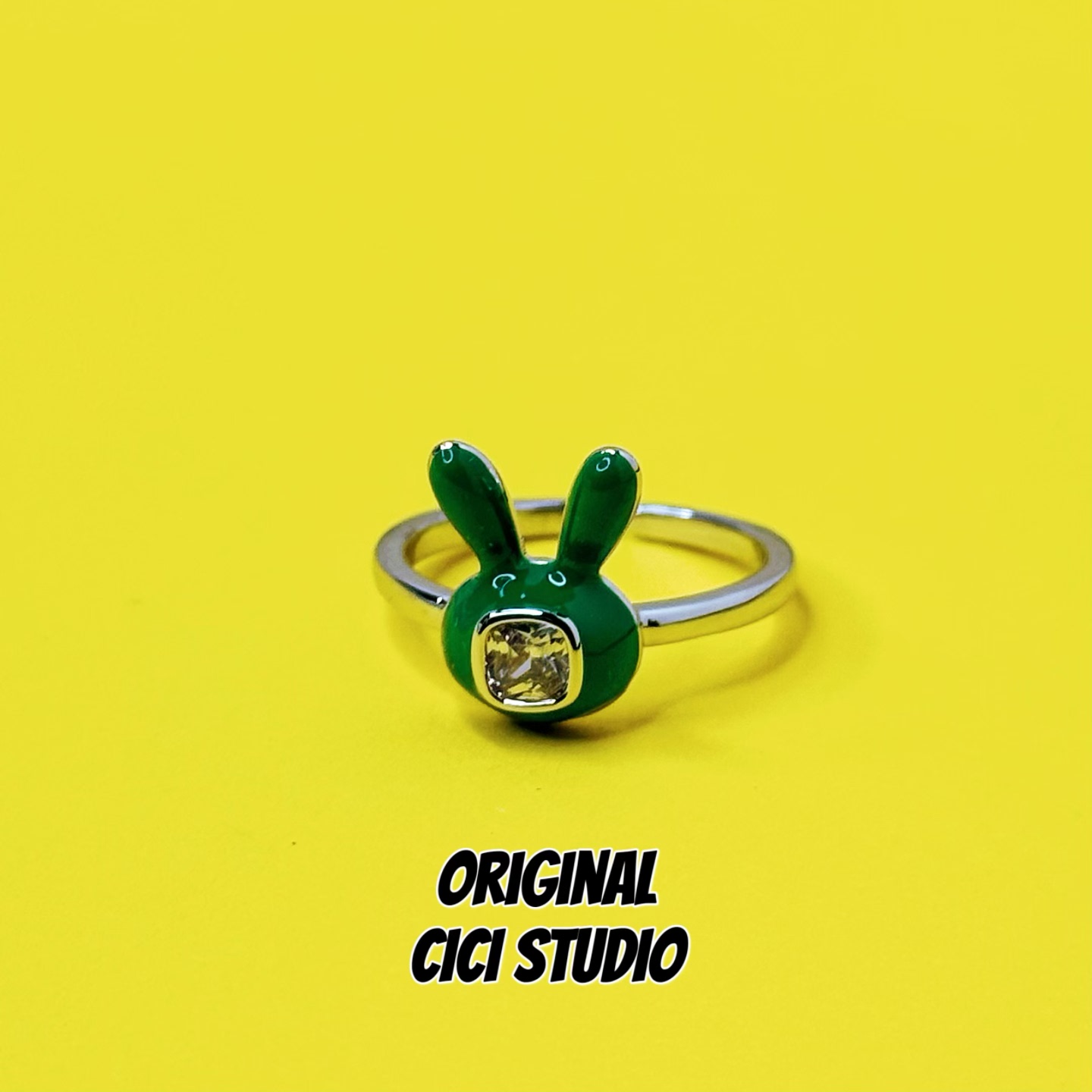 CICI STUDIO小众潮流艺术绿色滴釉兔子锆石ins摩登复古精工戒指