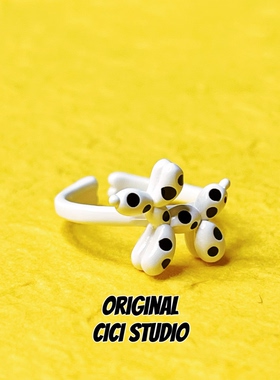 CICI STUDIO小众精工复古摩登黑白波点气球小狗戒指女Y2K开口戒