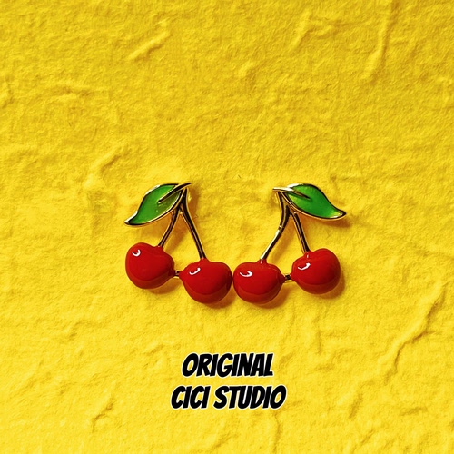 CICI STUDIO小众精工镀金滴釉红色樱桃耳钉女甜美可爱多巴胺耳饰