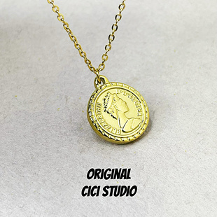 CICI STUDIO小众设计感ins复古女王头像金币女双面摩登精工项链
