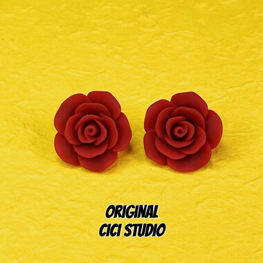 CICI STUDIO复古红色玫瑰花立体树脂耳饰大气秋冬新年银针耳钉