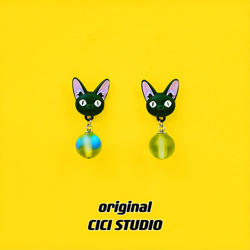 CICI暗黑猫咪月光石耳坠耳环银针小众设计卡通万圣节甜酷少女耳饰