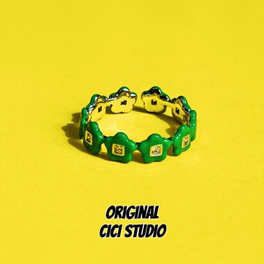 CICI STUDIO小众多巴胺镶钻滴釉圣诞节戒指女绿色花朵高级感指环