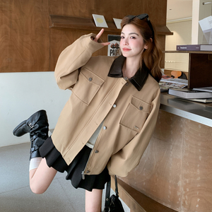 卡其色双层PU皮领拼接夹克外套女2026春季 B127A-6738-P165K268图片