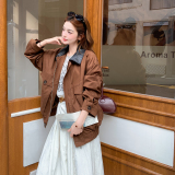 棕色复古拼皮撞色麂皮绒外套女2026春季B127A-6750-P165K268，女装短外套，浙宝127A