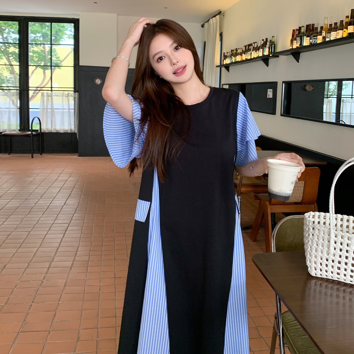 蓝色条纹拼接连衣裙女2025夏季新款B127A-6625-P130K195，女装连衣裙，浙宝127A