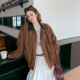 棕色复古拼皮撞色麂皮绒外套女2026春季B127A-6750-P165K268，女装短外套，浙宝127A