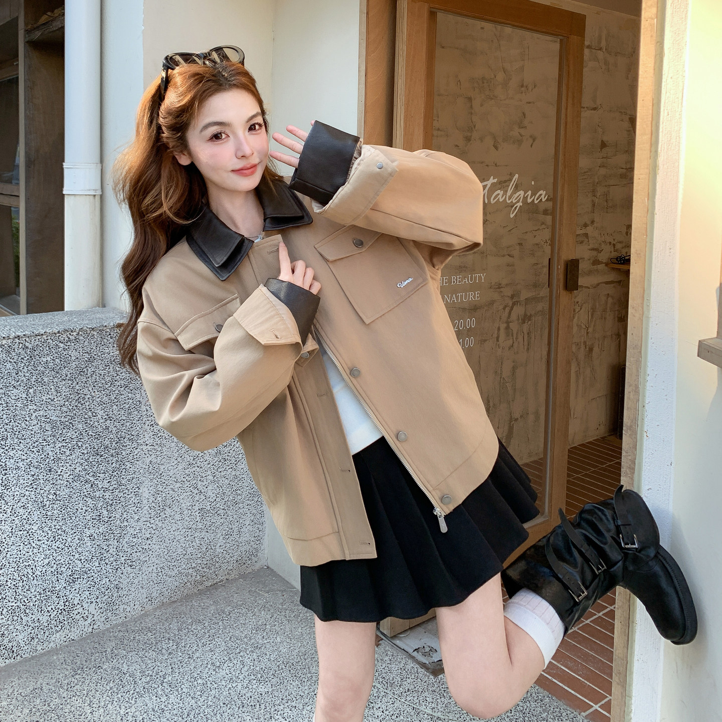 卡其色双层PU皮领拼接夹克外套女2026春季B127A-6738-P165K268，女装短外套，浙宝127A